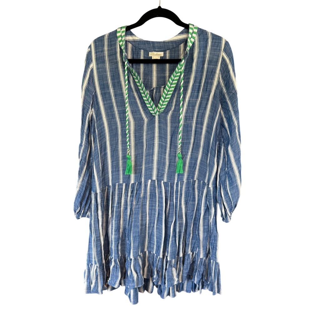 Shoshanna Umbrella Blue White Striped Tassel V-Neck Tiered Mini Dress Small